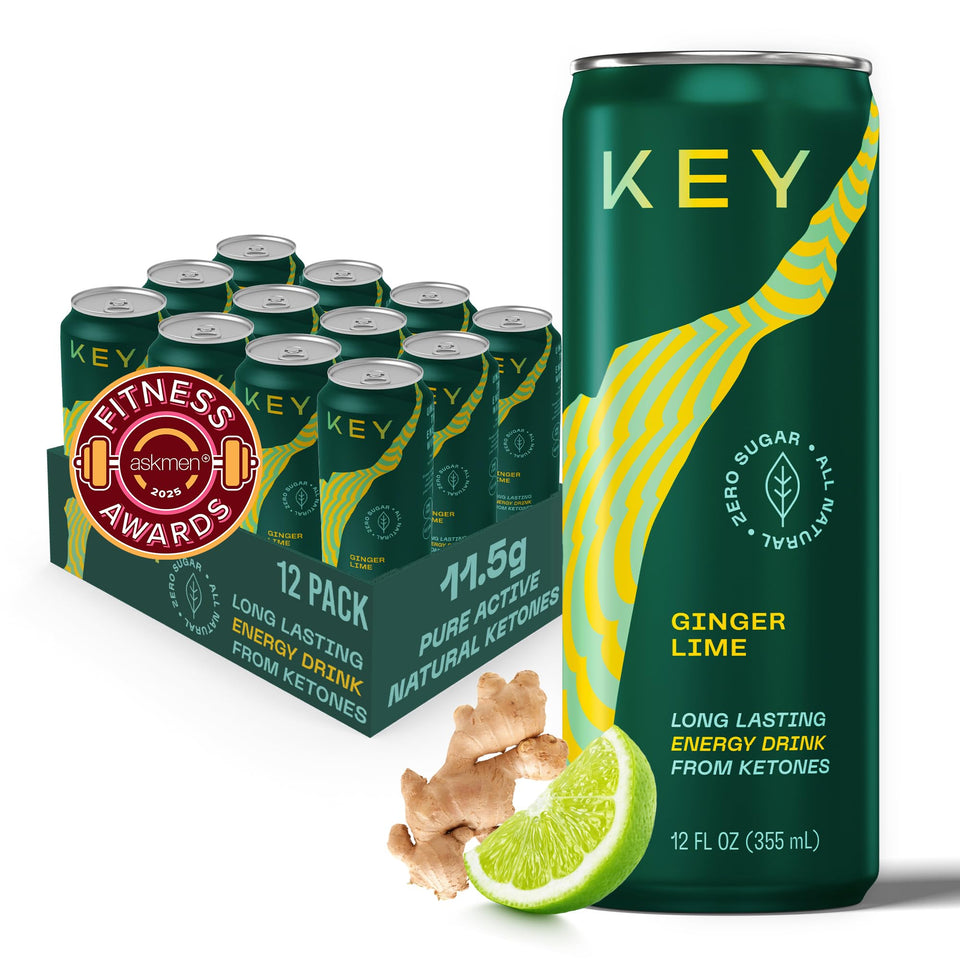 KEY Ketone Drink can in hand with refreshing ginger lime flavor and clean energy.