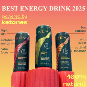 KEY Ketone Drink label closeup shows sugar-free, natural ingredients.
