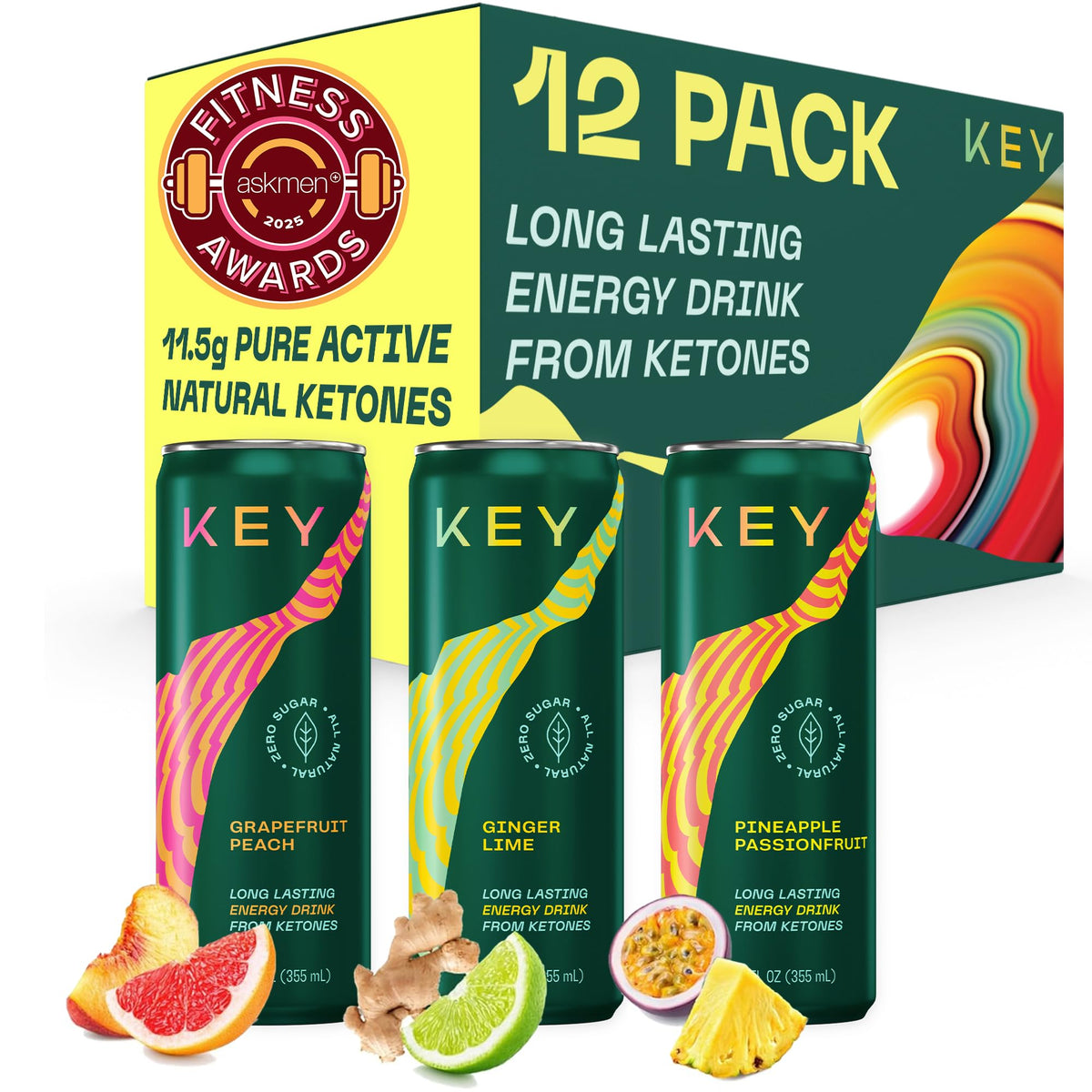KEY Ketone Energy Drink can front view, sugar-free and natural energy in focus