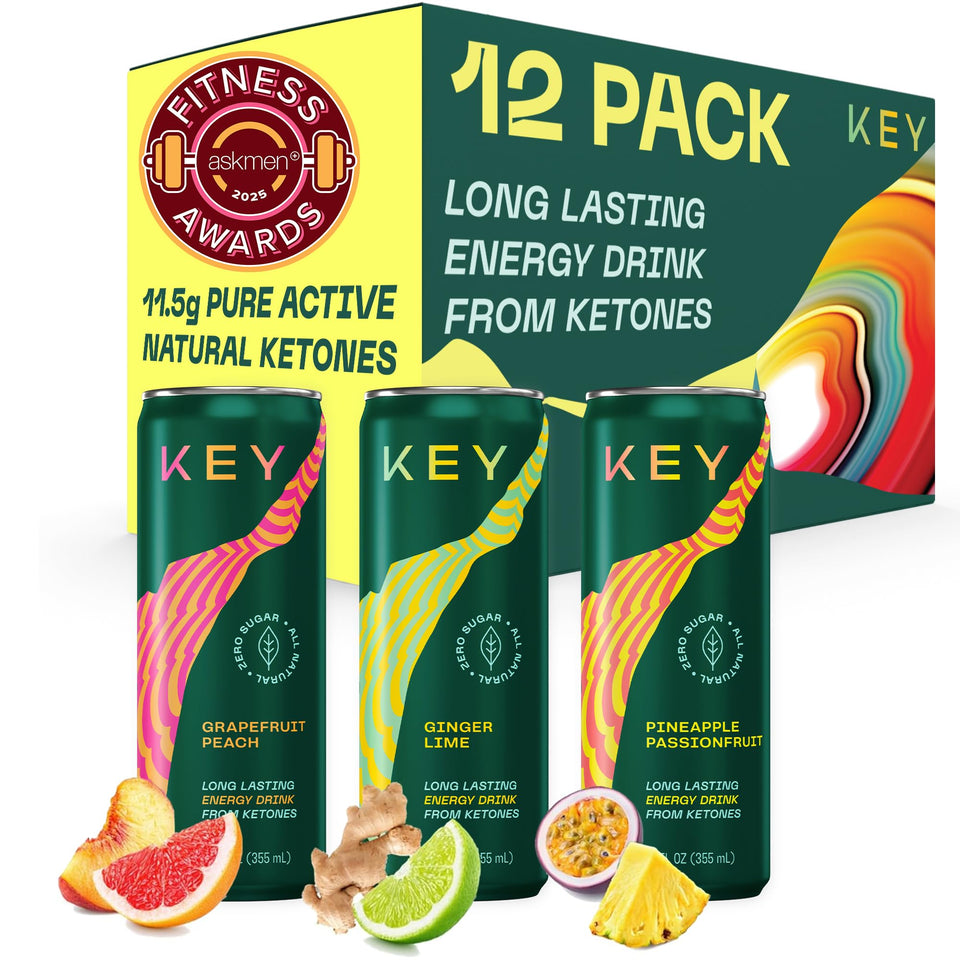 KEY Ketone Energy Drink can front view, sugar-free and natural energy in focus