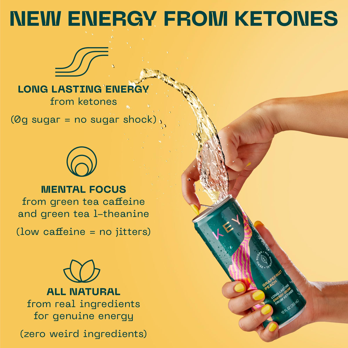 KEY Ketone Energy Drink pouring into a glass for mental clarity