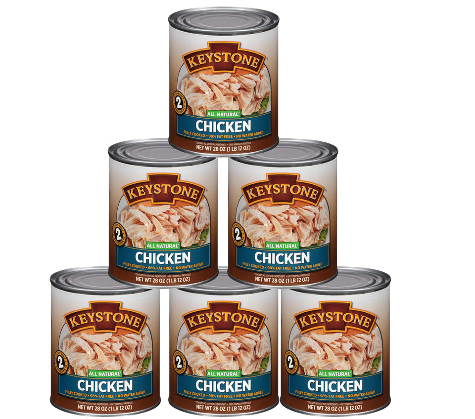 Keystone chicken 28 oz can, fully cooked and ready to eat for quick meals.