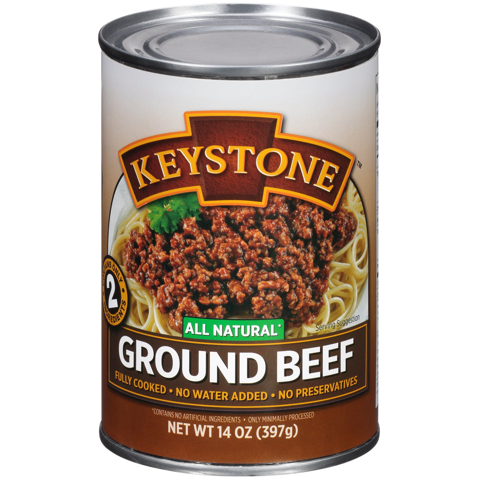 Keystone Ground Beef can ready to eat for quick meals and emergency prep
