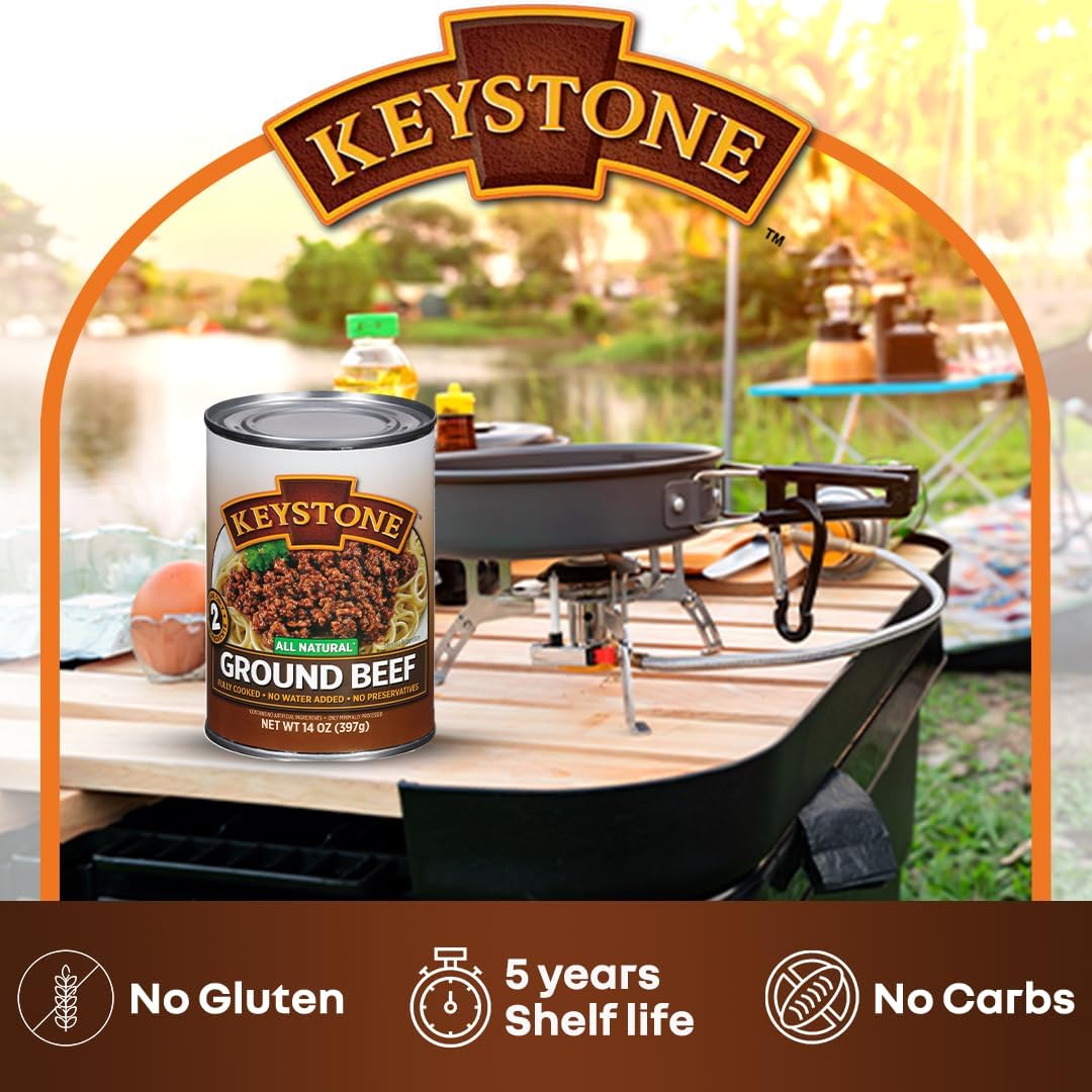 Keystone Meats ground beef can 14 oz perfect for recipes.