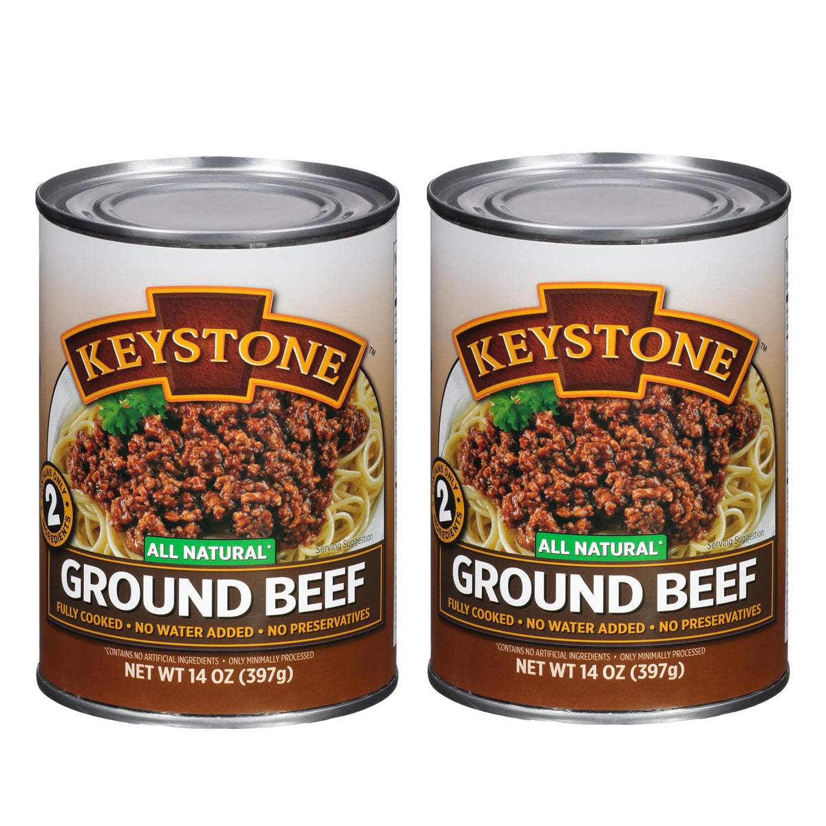 Keystone Meats Ground Beef can label shows shelf-stable, ready-to-eat protein.