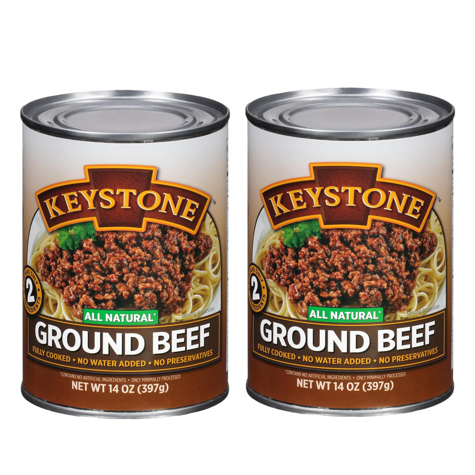 Keystone Meats Ground Beef can label shows shelf-stable, ready-to-eat protein.