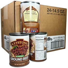 Keystone Meats ground beef can—ready to eat for quick weeknight meals.