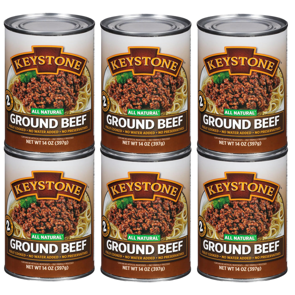 Keystone Meats ground beef can – ready-to-eat pantry staple for quick meals.