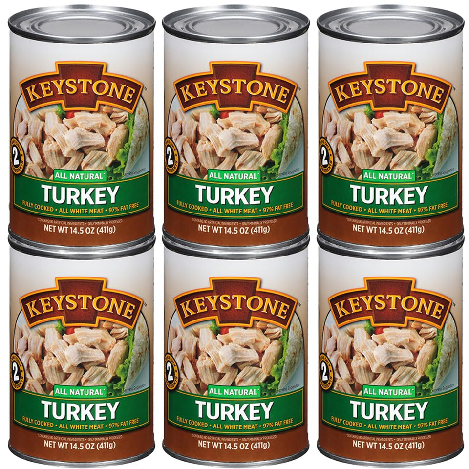 Keystone Meats turkey can front label showing all natural ingredients and shelf-stable value