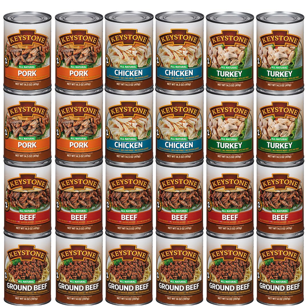 Keystone Meats variety pack cans arranged for pantry storage and long shelf life.