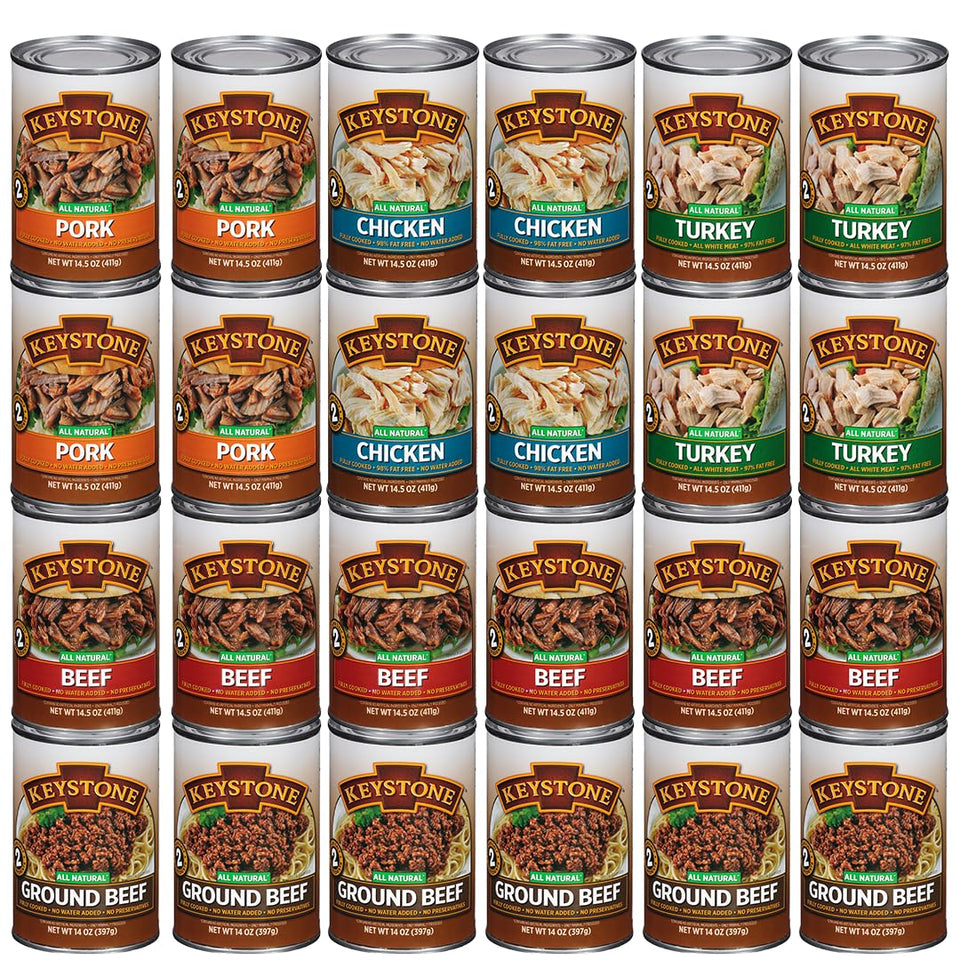 Keystone Meats variety pack cans arranged for pantry storage and long shelf life.