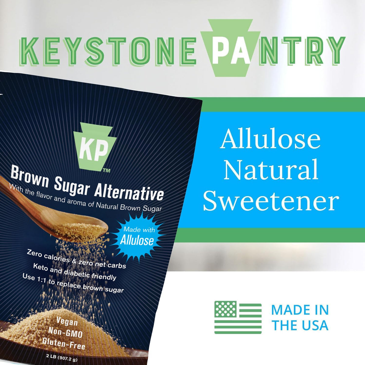 Close-up of Keystone Pantry allulose powder ideal for cookies and baked goods.