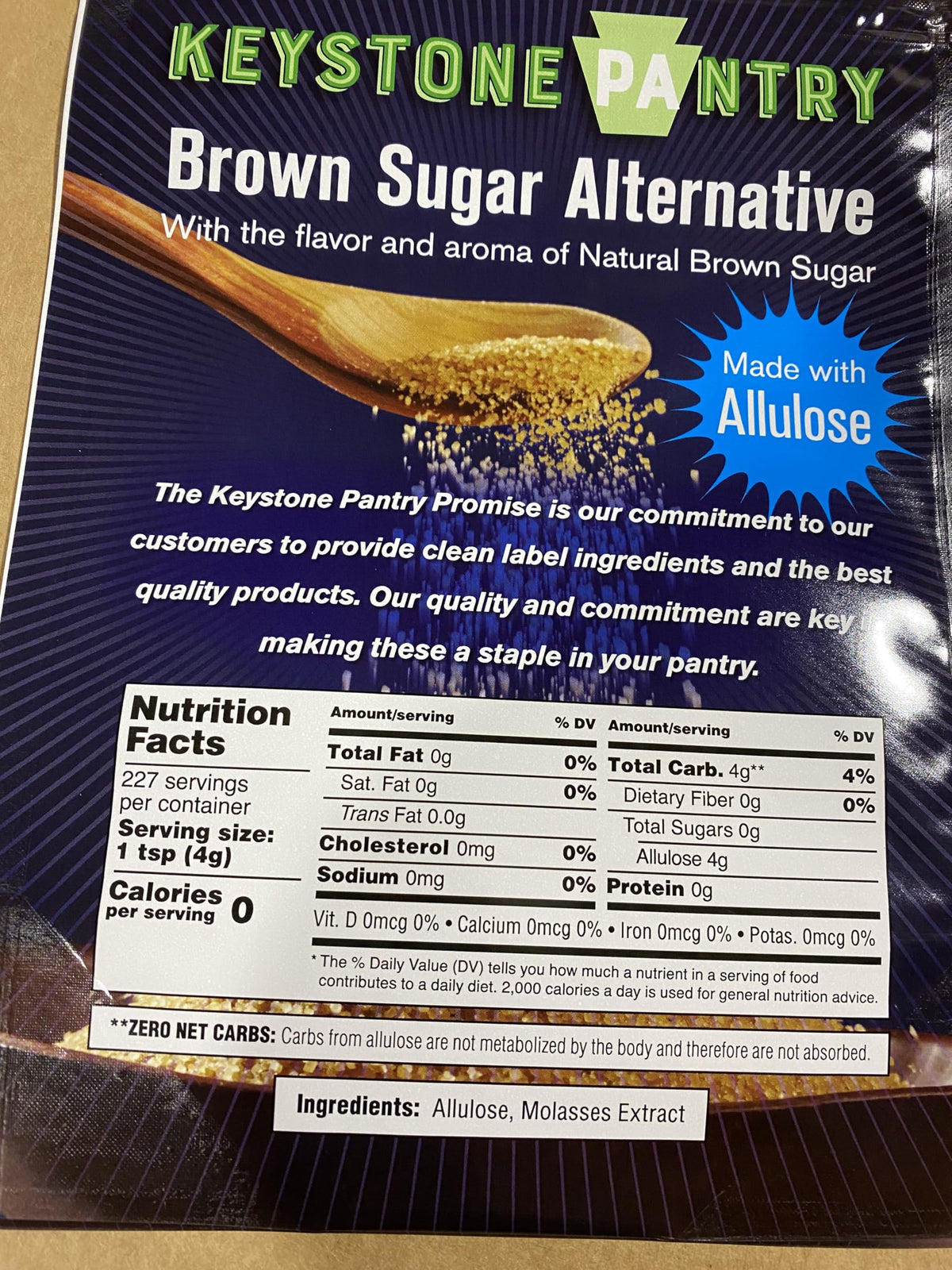Keystone Pantry allulose powder in resealable bag keeps freshness between uses.