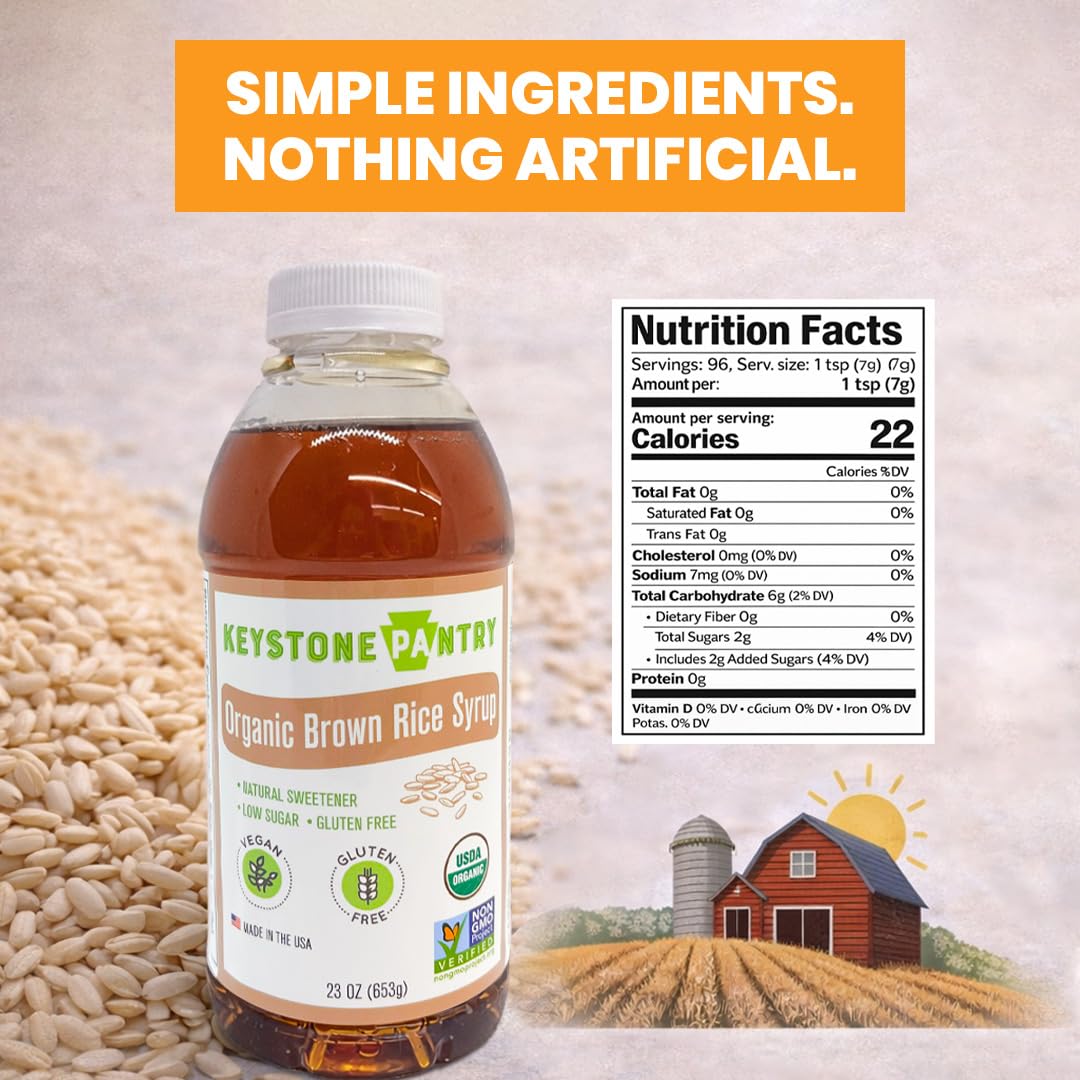 23 oz bottle of Keystone Pantry Organic Brown Rice Syrup sits ready for use.
