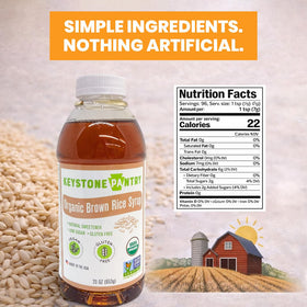 23 oz bottle of Keystone Pantry Organic Brown Rice Syrup sits ready for use.
