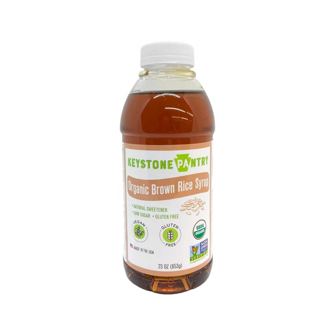 Keystone Pantry Organic Brown Rice Syrup bottle on the counter, ideal for baking.