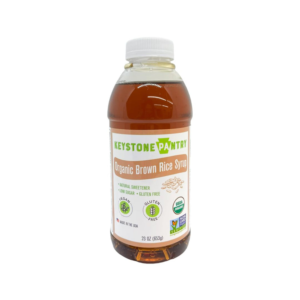 Keystone Pantry Organic Brown Rice Syrup bottle on the counter, ideal for baking.