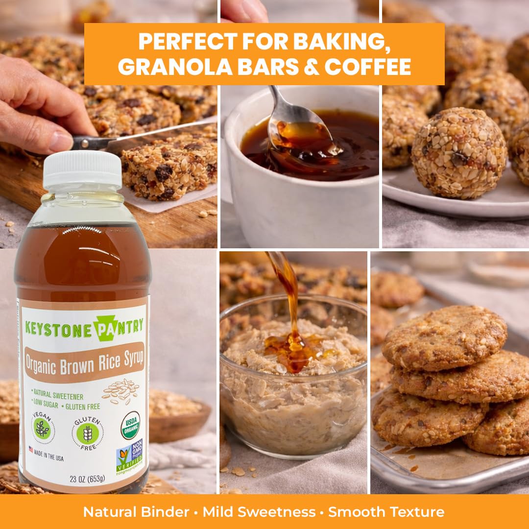 Gluten-free certification and label on Keystone Pantry Organic Brown Rice Syrup.