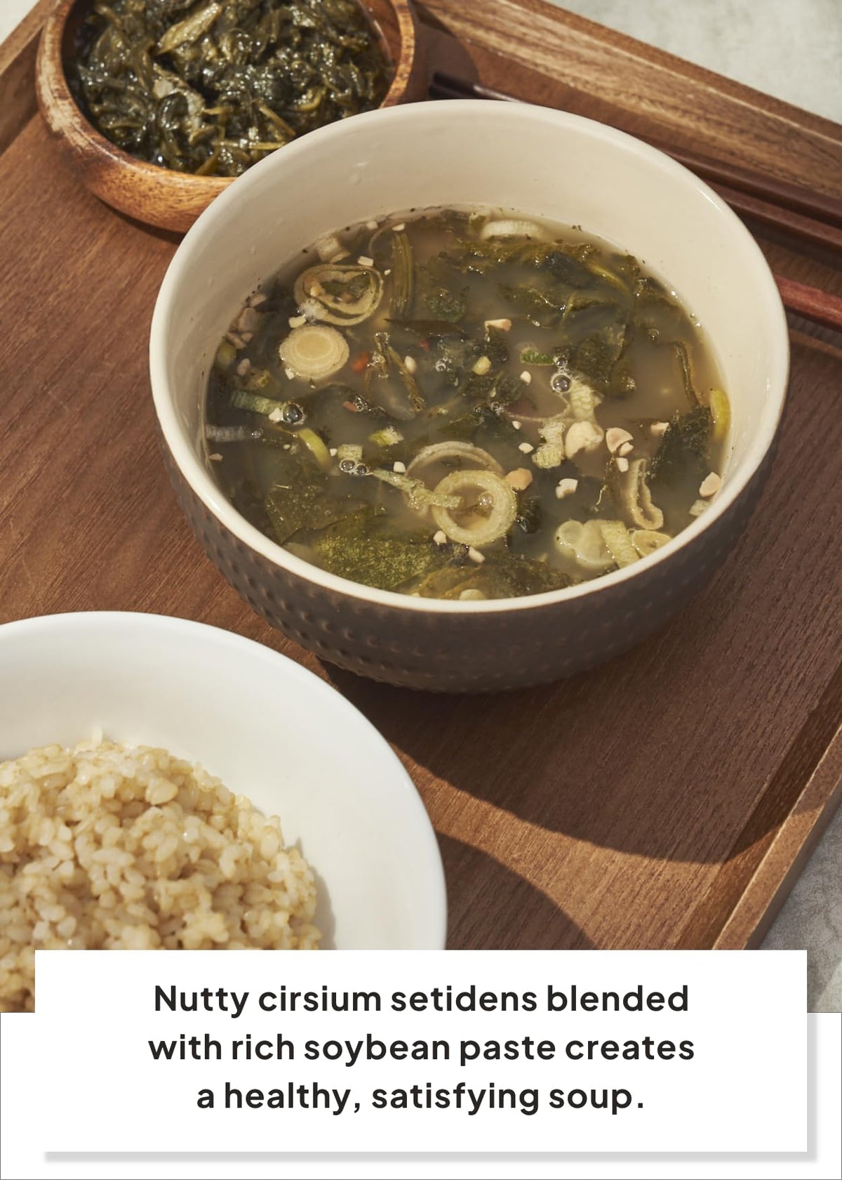K Food Korean Food ready-to-serve bowl of gondre miso soup with steamed rice.