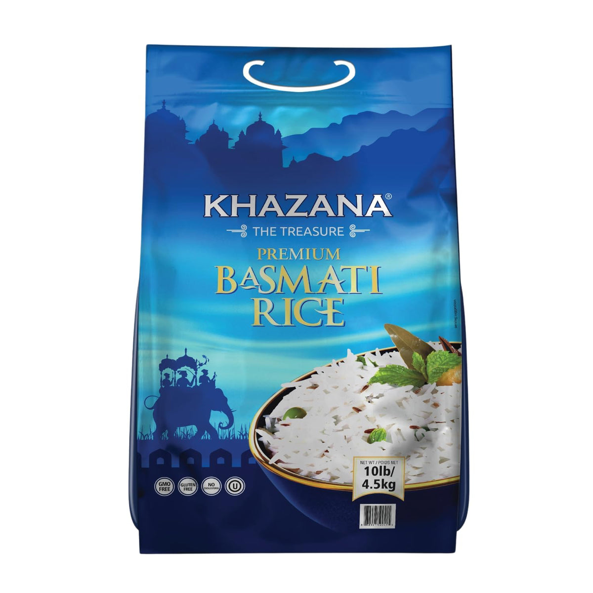 Khazana authentic basmati rice 10lb bag packaging highlights premium grains for everyday meals