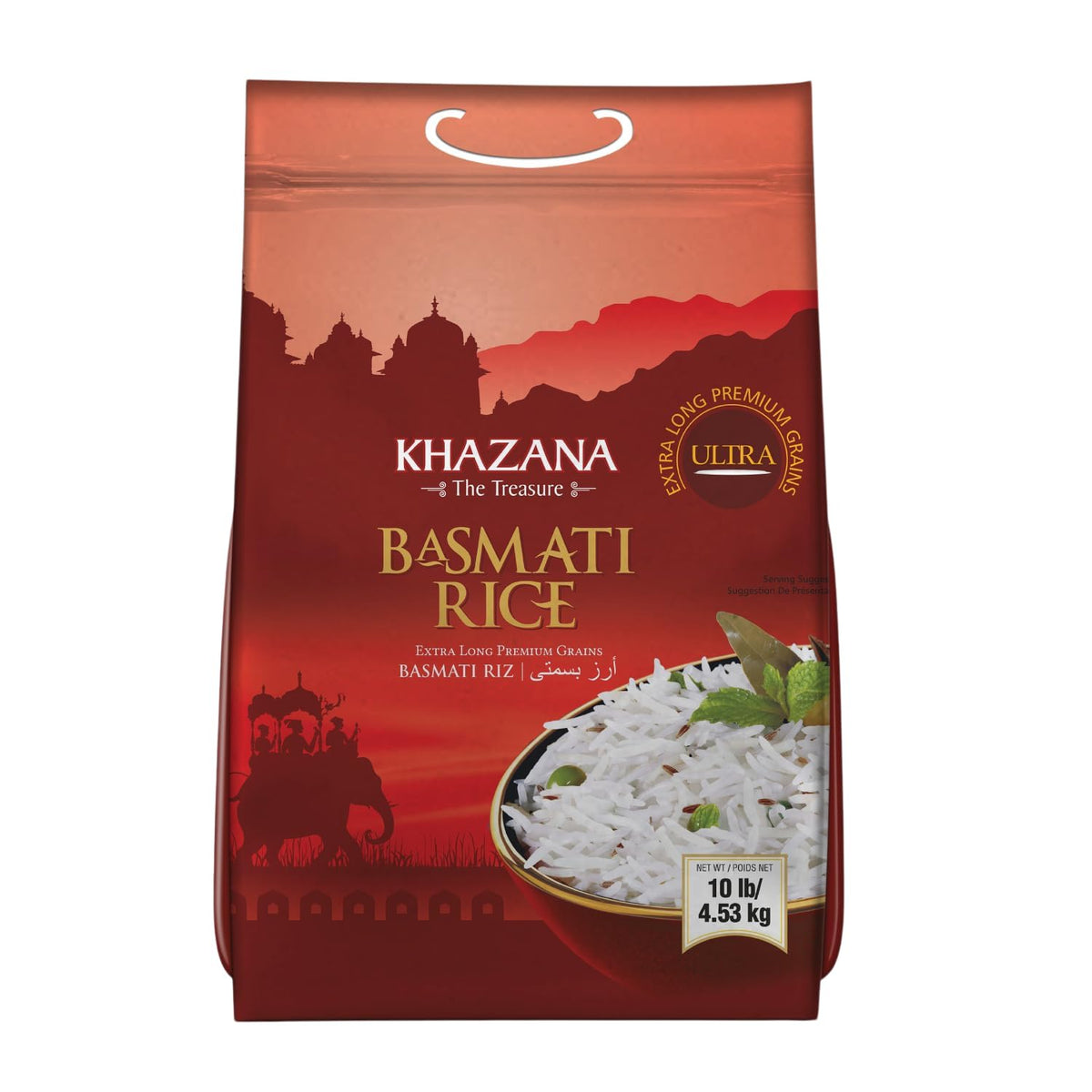 Khazana authentic extra long basmati rice 10lb bag with aromatic grains for meals.