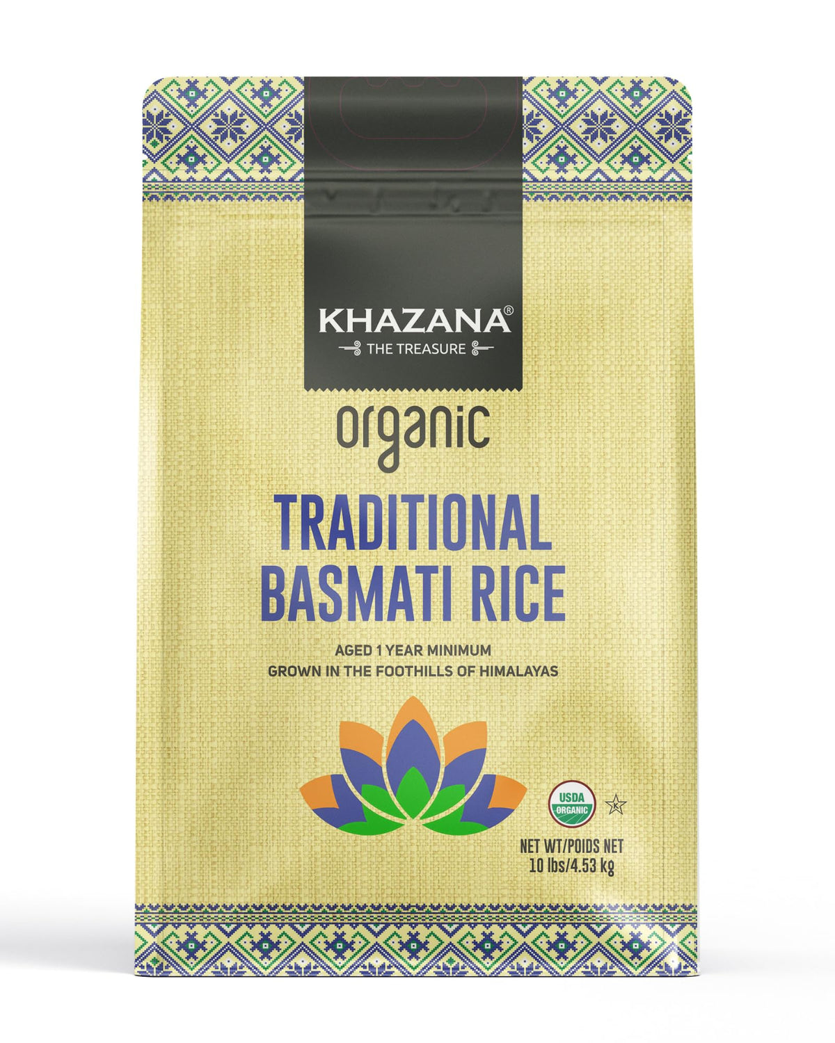 Khazana Authentic Organic Basmati Rice 10lb bag shows premium grains for fluffy, separate rice.
