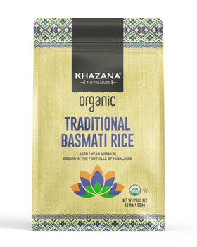 Khazana Authentic Organic Basmati Rice 10lb bag shows premium grains for fluffy, separate rice.