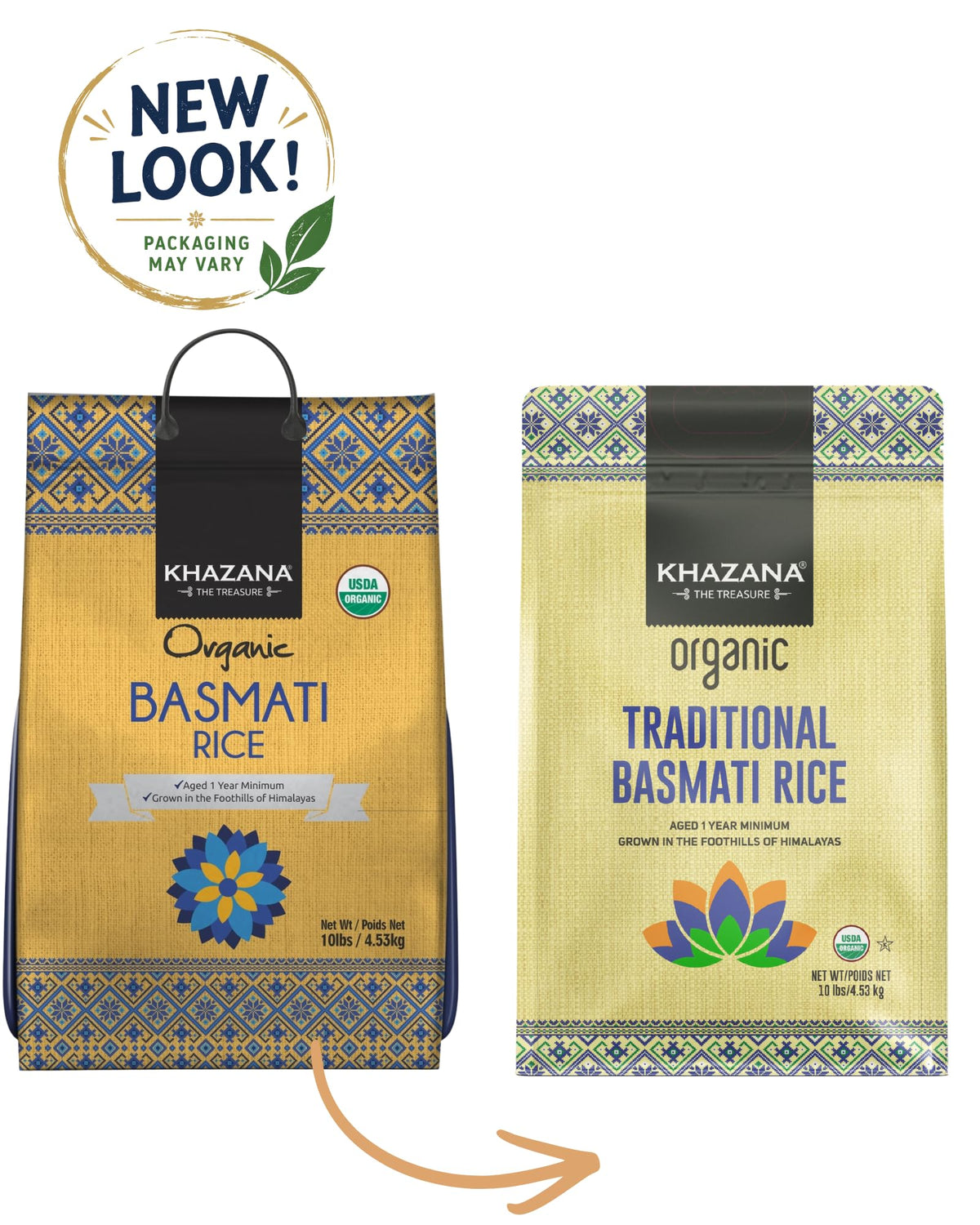 Khazana Authentic Organic Basmati Rice packaging closeup—non-GMO and gluten-free quality.