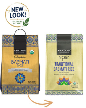 Khazana Authentic Organic Basmati Rice packaging closeup—non-GMO and gluten-free quality.