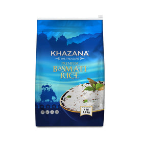 Khazana Premium Basmati Rice 4lb bag front shows resealable design for freshness.