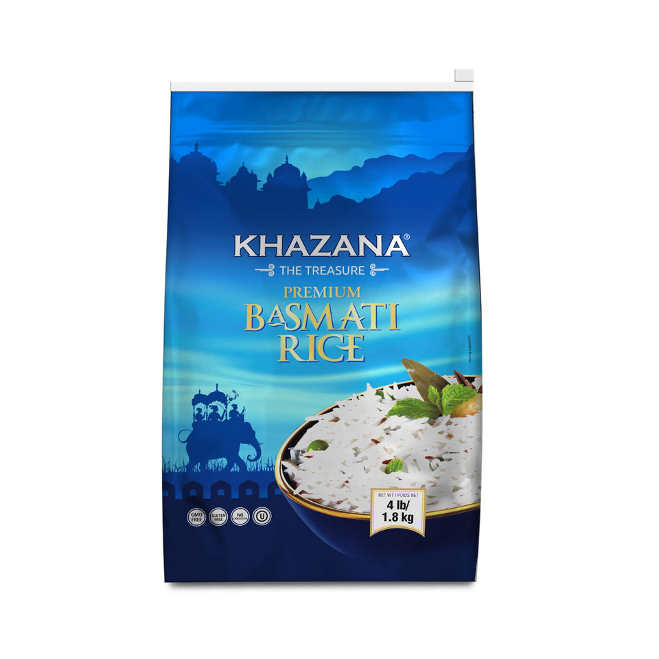 Khazana Premium Basmati Rice 4lb bag front shows resealable design for freshness.