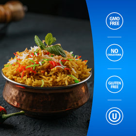 Khazana Basmati Rice fluffy cooked grains ideal for light, separated servings.