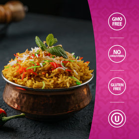 Khazana basmati rice cooking steam captures fluffy grains in action.