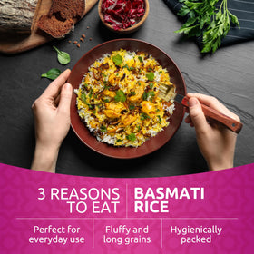 Khazana basmati rice served with curry showcases rich flavor potential.