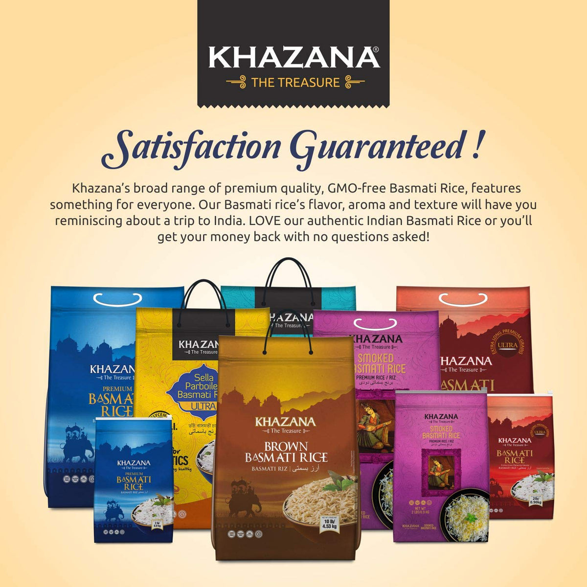 Khazana basmati rice packaging highlights non-GMO and gluten-free benefits.