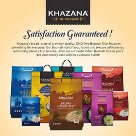 Khazana basmati rice packaging highlights non-GMO and gluten-free benefits.