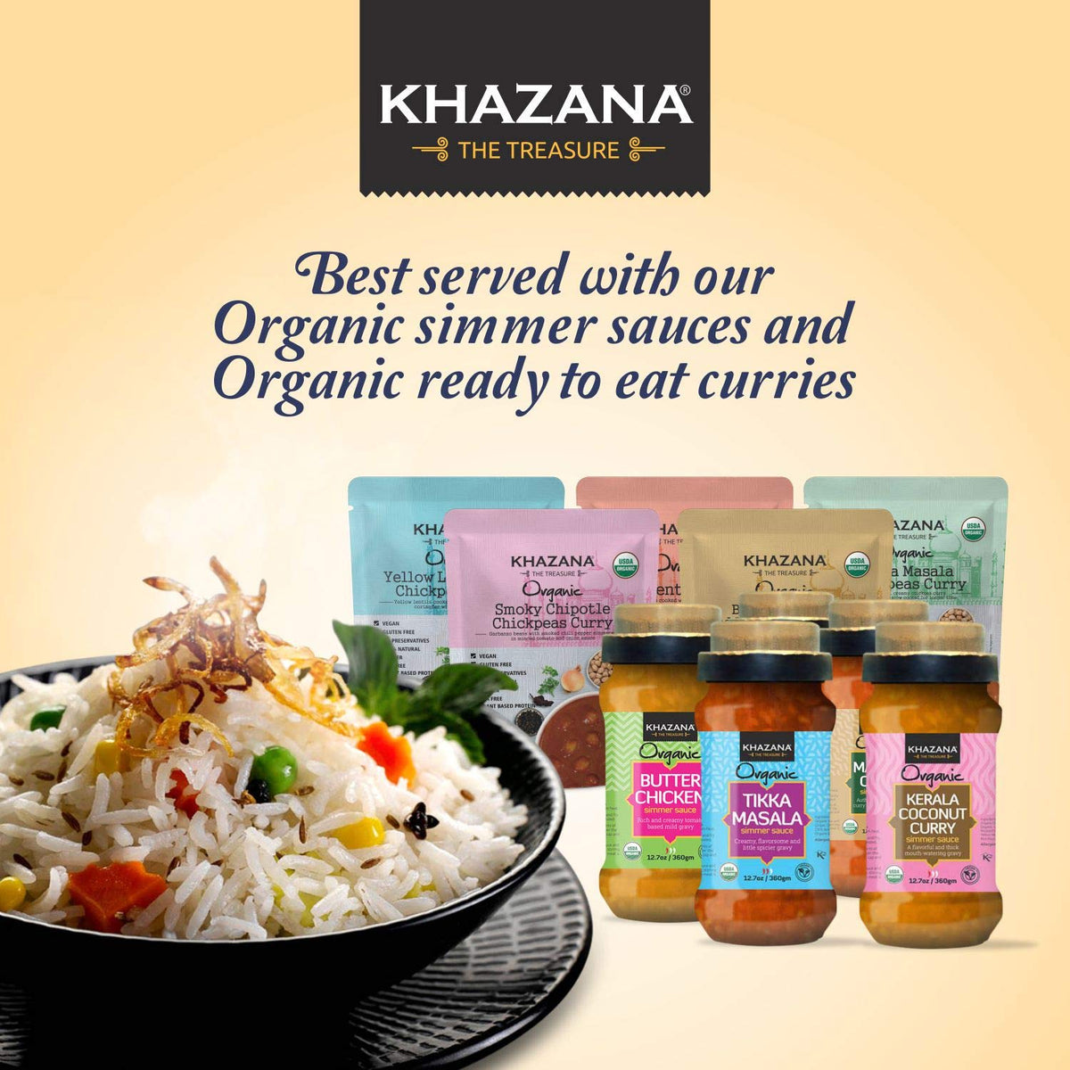 Khazana basmati rice serving bowl displays fluffy grains.