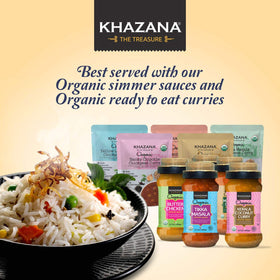 Khazana basmati rice serving bowl displays fluffy grains.