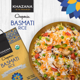Khazana Basmati Rice steaming bowl—fragrant steam and ready-to-serve grains.
