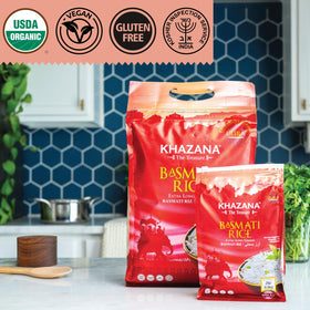 Khazana basmati rice long grain texture close up highlighting premium aroma.
