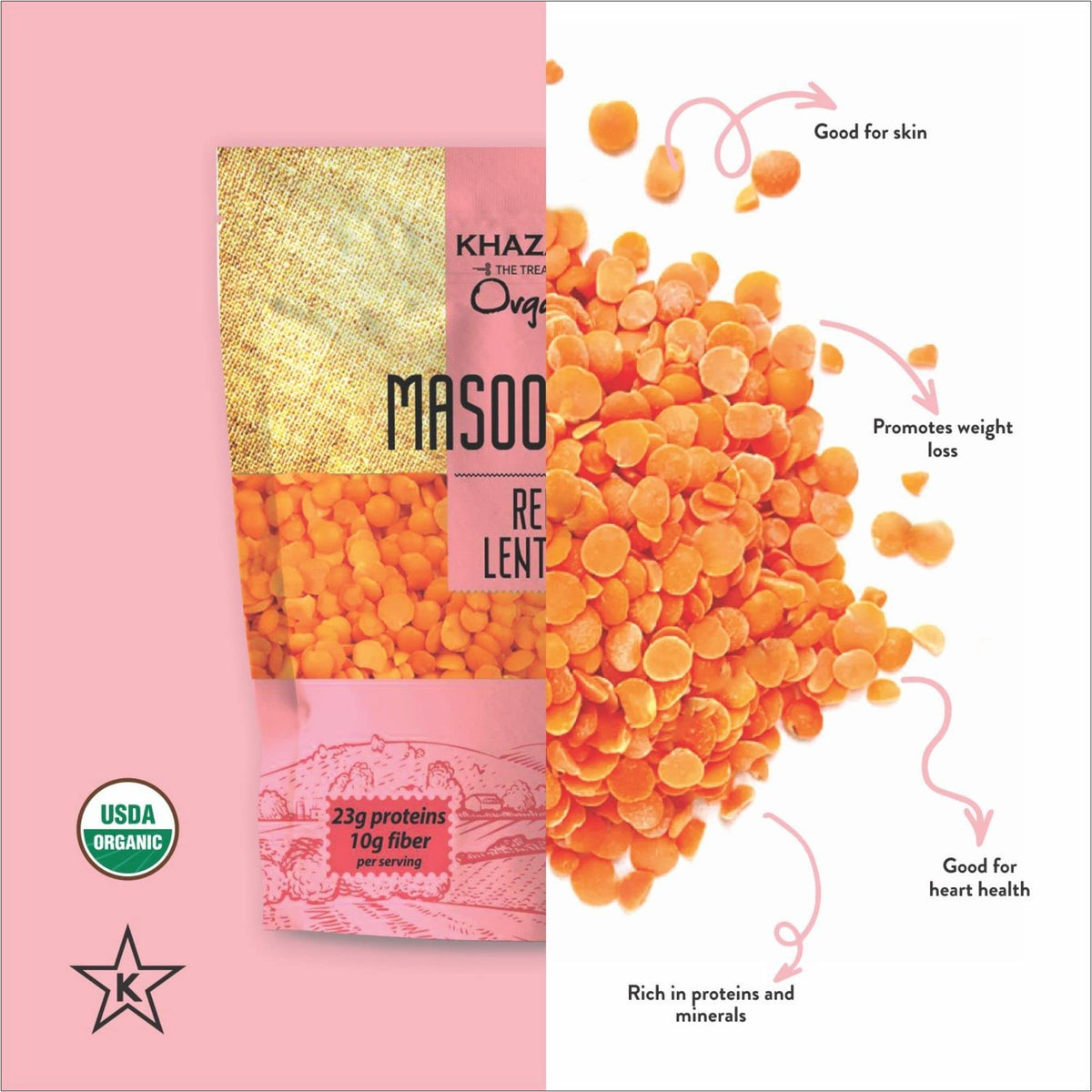 Khazana Organic Masoor Dal bag closeup emphasizes gluten free non GMO ingredients for clean meals