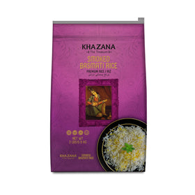 Khazana smoked basmati rice 2lb pack with resealable bag for lasting freshness.
