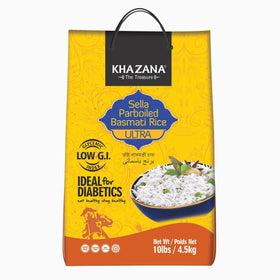 Khazana Ultra Long Sella parboiled rice 10 lb bag with fragrant aroma and long grains