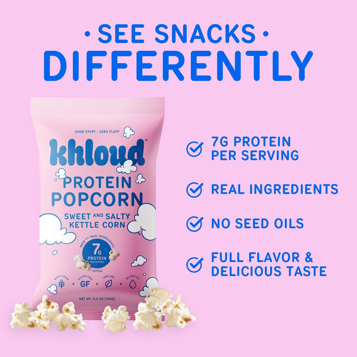 Khloud Protein Popcorn 12-pack is perfect for sharing at home, work or school.