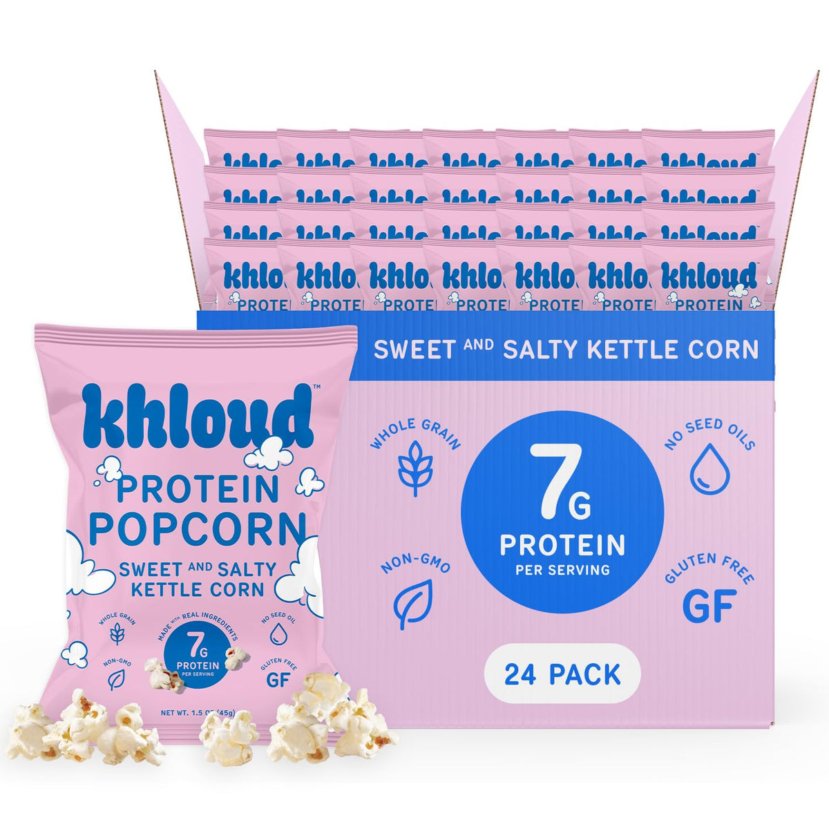 Khloud Protein Popcorn bag close-up showing clean ingredients and 7g protein per serving