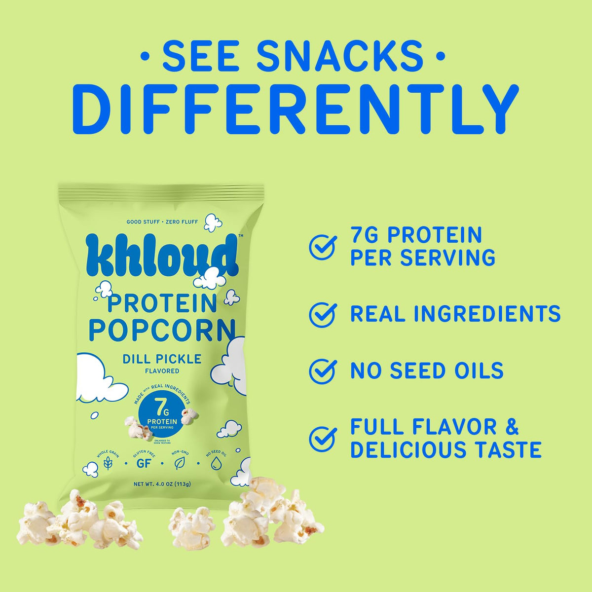 Khloud Protein Popcorn Dill Pickle bowl shot shows snack-ready crunch after workouts.