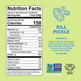Khloud Protein Popcorn Dill Pickle close-up reveals crisp kernels and savory dill note.