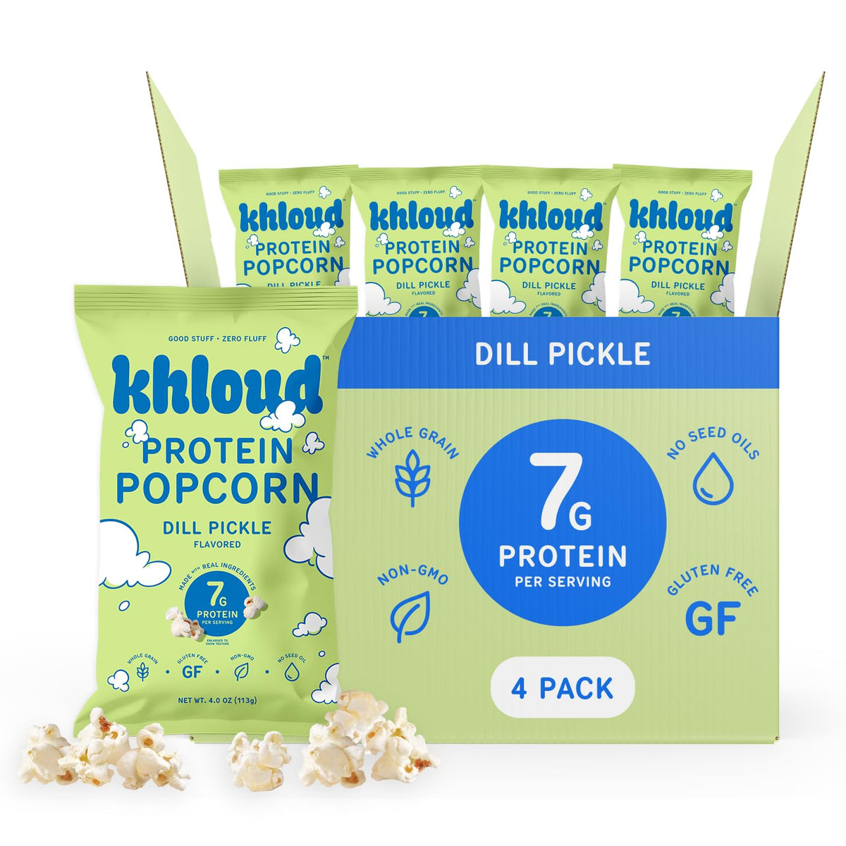 Khloud Protein Popcorn Dill Pickle packaging showcases crave-worthy flavor for busy days.