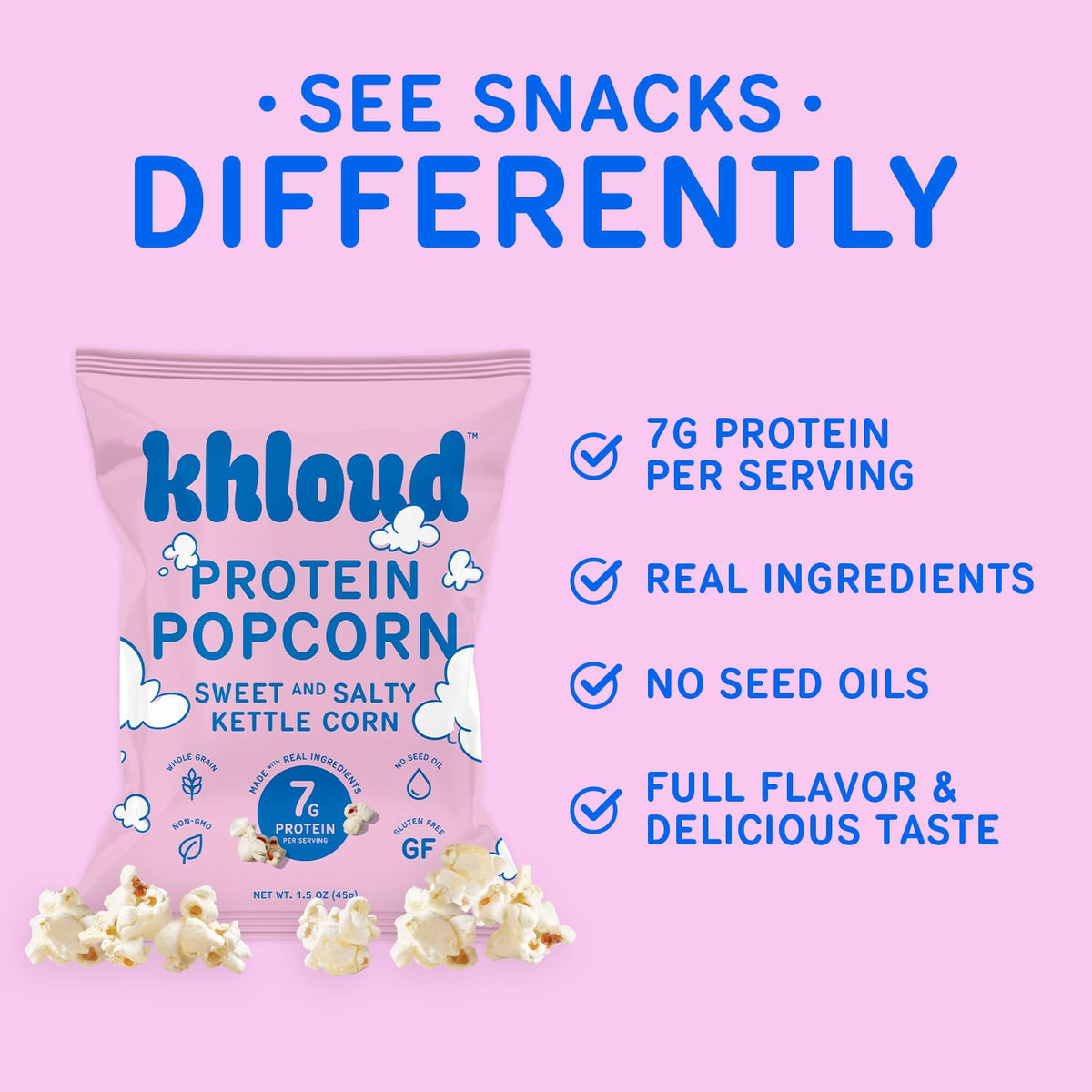 Khloud Protein Popcorn flavor swatch highlights simple ingredients and balance