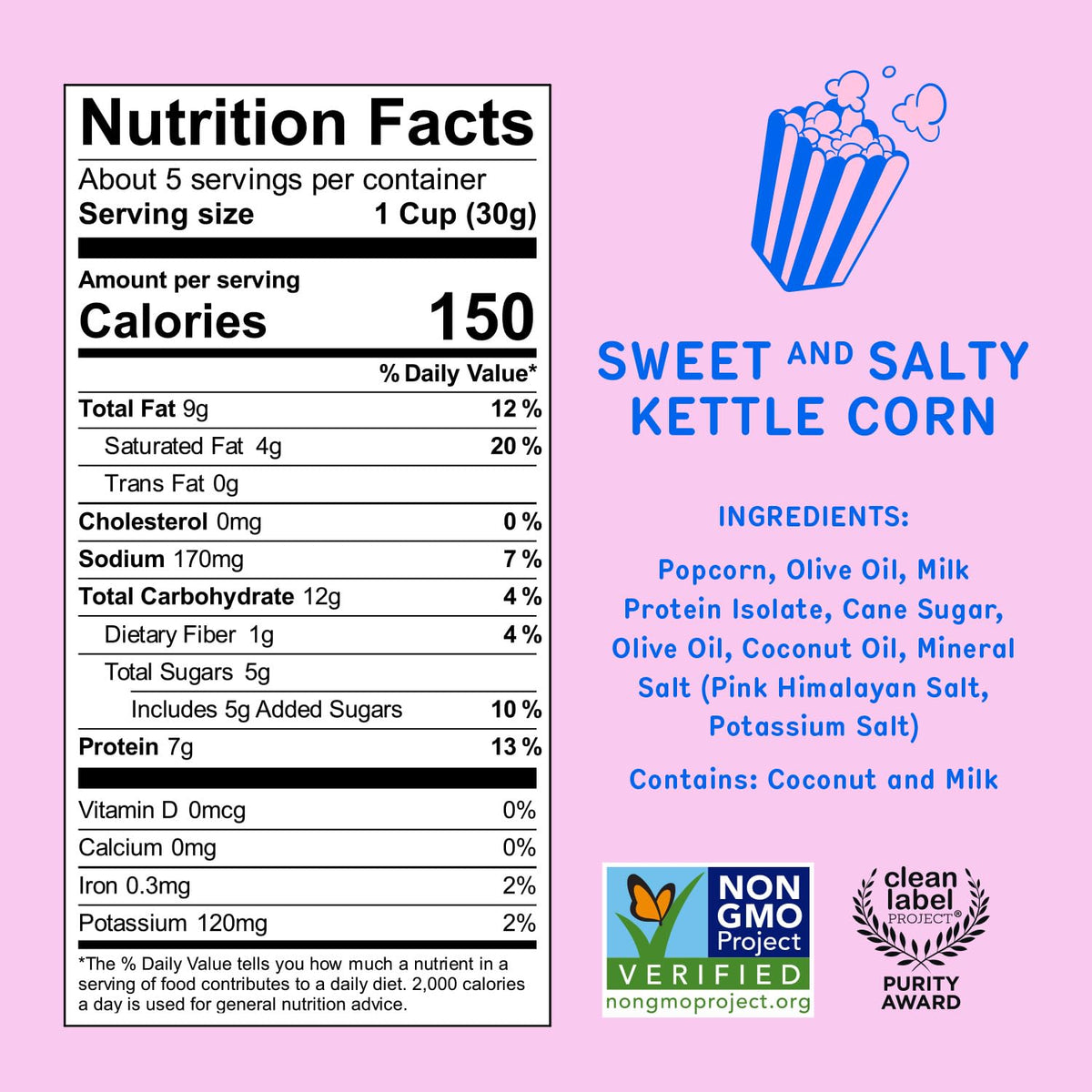 Khloud Protein Popcorn ingredients panel shows clean, six-ingredient snack for mindful choices.